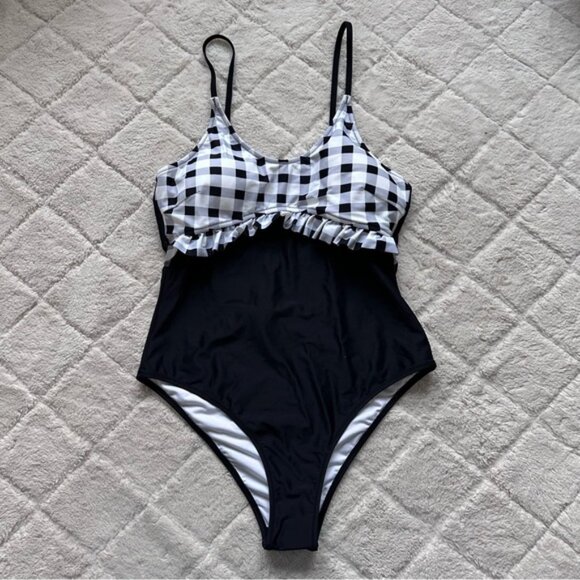 Cupshe | Black and White Gingham Ruffle One-Piece Swim Bathing Suit | Size XXL - Picture 2 of 8